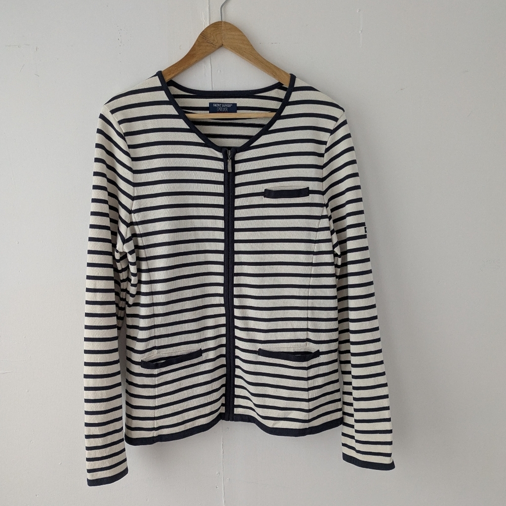 Saint James Atelier Navy Off White Striped Cardigan Zip Up Cotton Zip Up Size 12